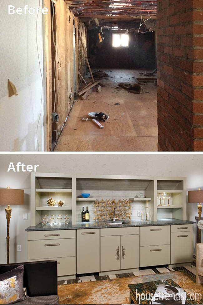 Before and after shows creation of a home bar