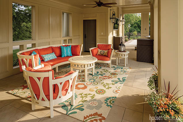 Colorful furniture brightens up an open-air lanai