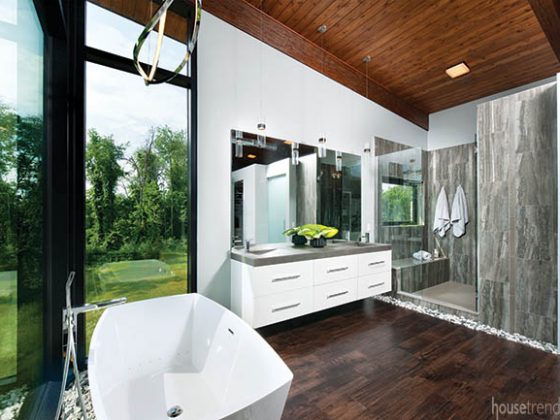 Hardwood flooring contrasts with nearby cabinetry
