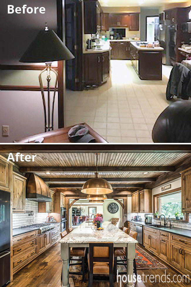 Perimeter cabinets feature a warm Caramel finish
