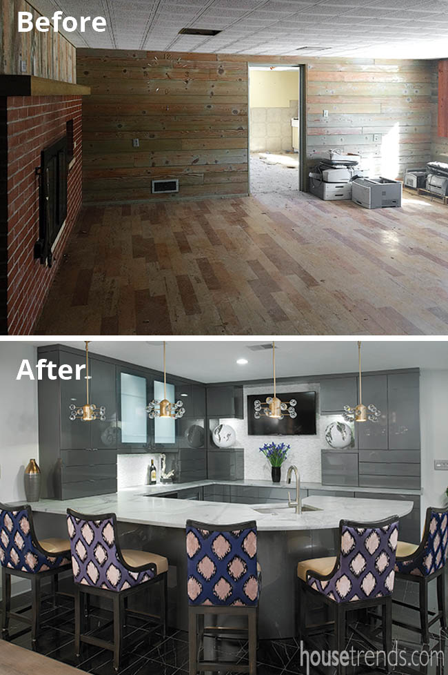 Stunning pieces make up a basement bar