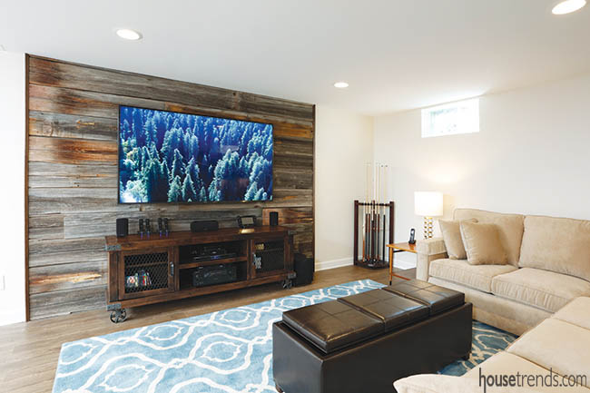 Remodeled basement features reclaimed wood