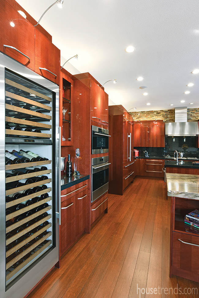 Wine refrigerator placed in kitchen for easy access