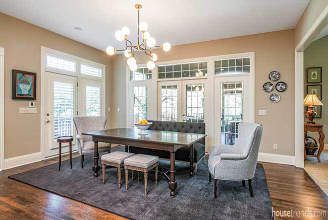 Light fixture complements a casual eating area