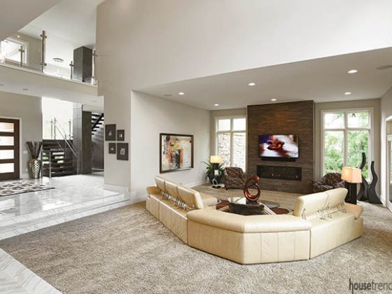 Leather sectional dominates a sunken living room