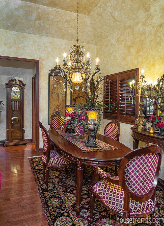 Chairs add color to a formal dining room