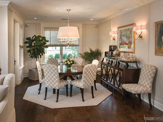 Octagonal area rug defines a dining area