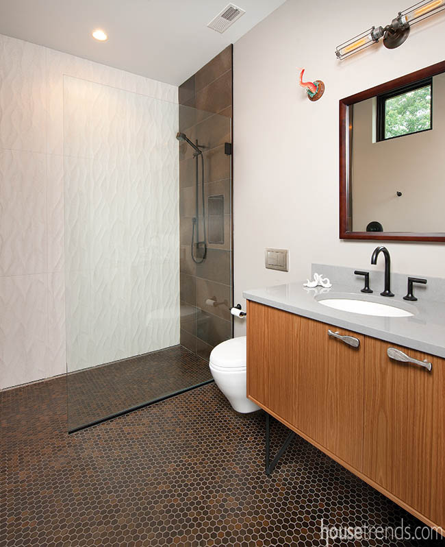 Cabinet hardware adds playful touch to a bathroom