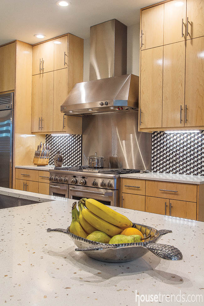 3-D tile contributes to a contemporary backsplash