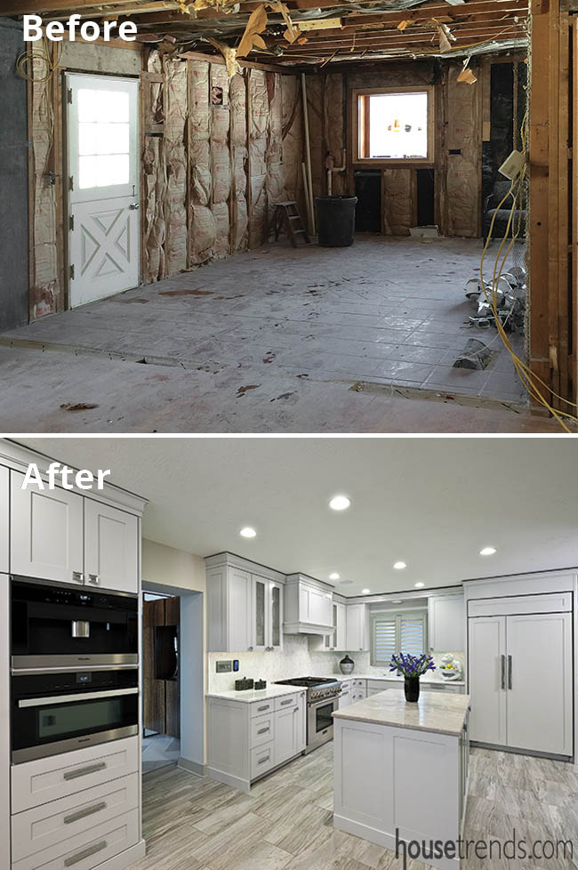 Mixed materials create a clean, airy kitchen design