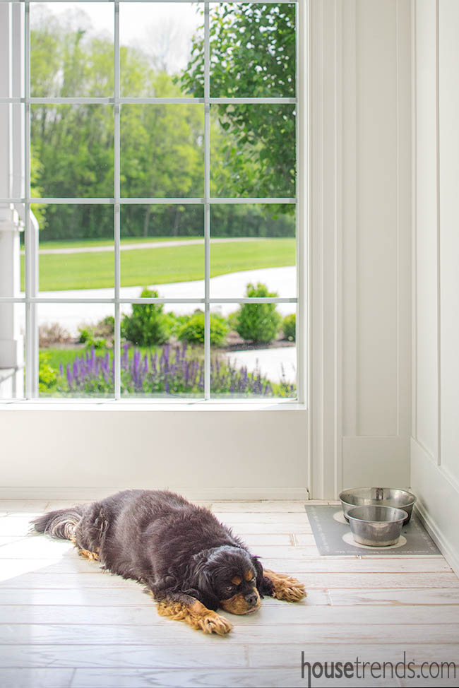 Whitewashed oak flooring gives off a clean vibe