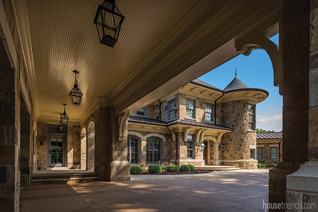 Iron light fixtures adorn a garage