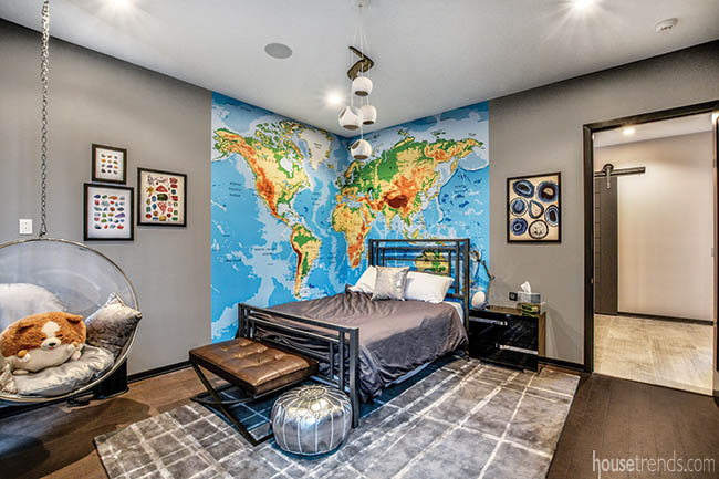 World map decorates a bedroom