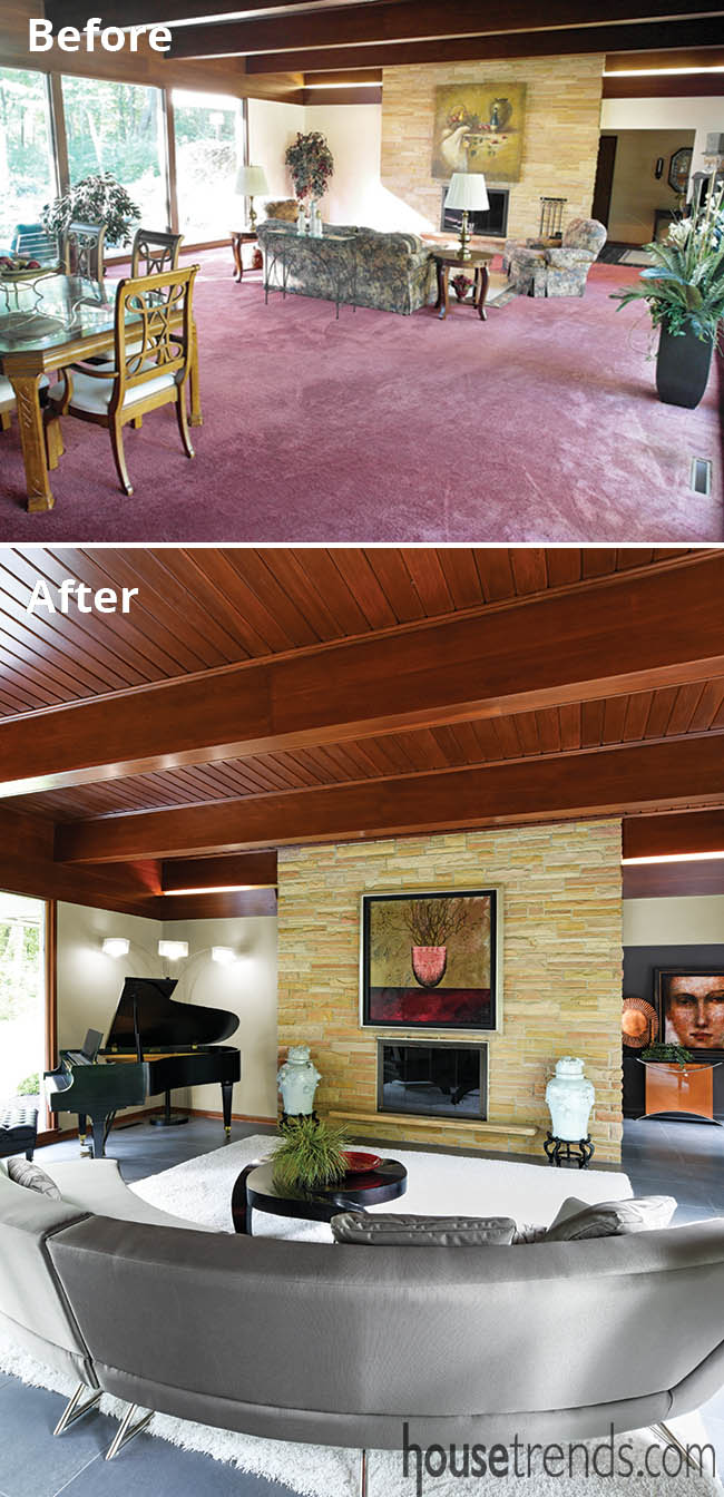 Stone fireplace survives a remodel