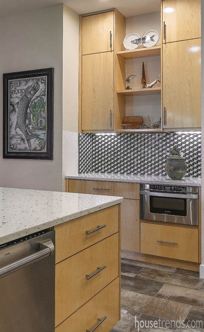 Open shelves display local artwork