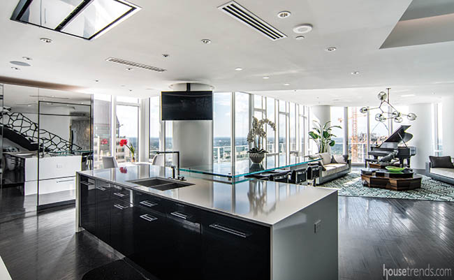 Waterfall edge tops a kitchen island