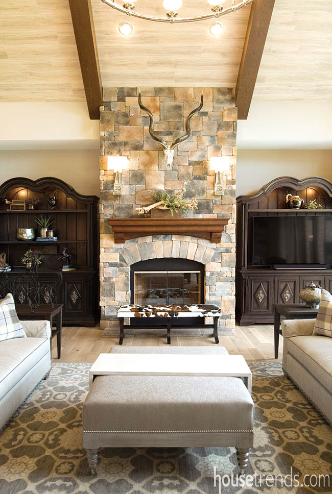 Living room fireplace crafted of stone