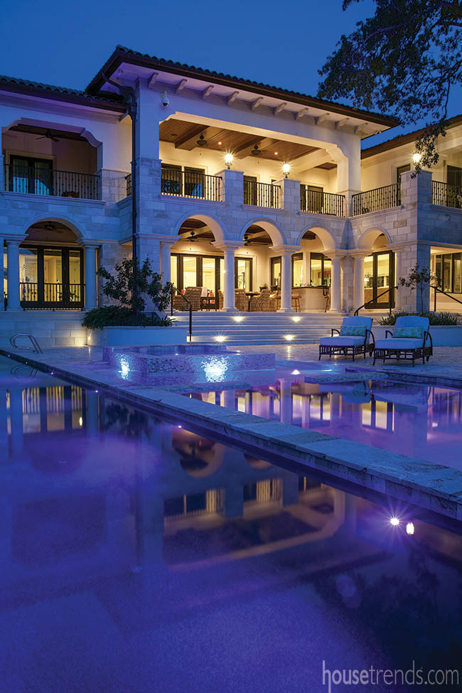 Outdoor lighting highlights a lanai