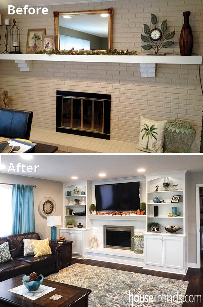 Fireplace anchors a remodeled living room