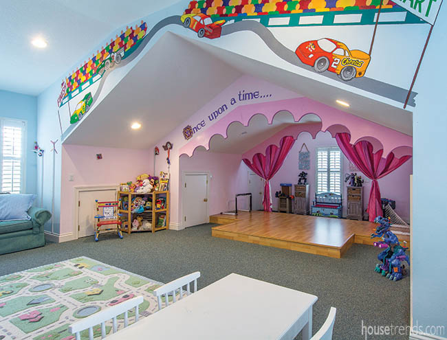 Playroom decorated in blues and pinks