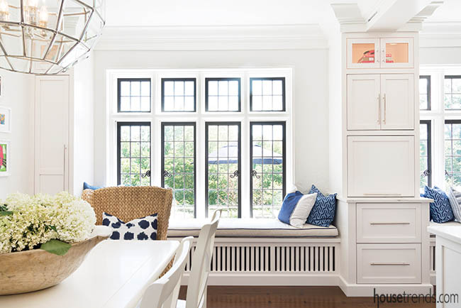 Appliance garages bookend a window seat