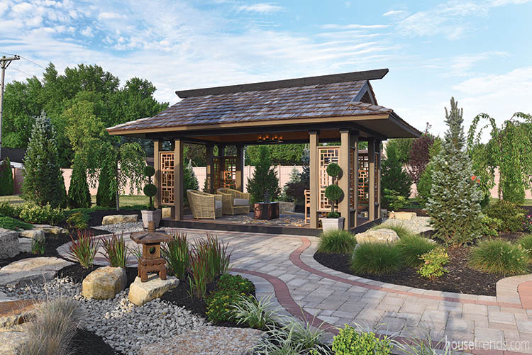 Shrubs line back yard walkways