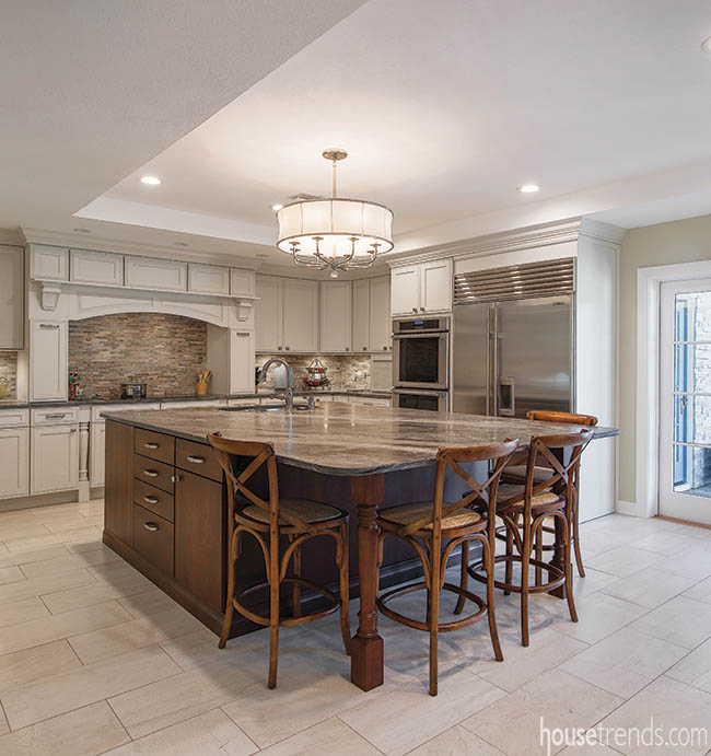 Leathered granite countertops top a kitchen island