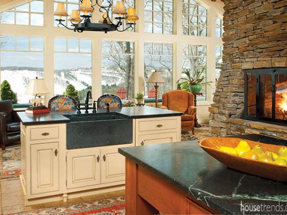 Kitchen renovation transforms a grill into a fireplace