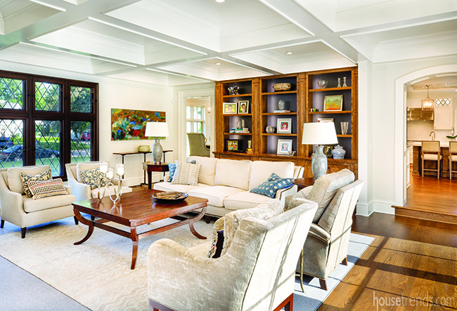 Traditional great room with coffered ceiling