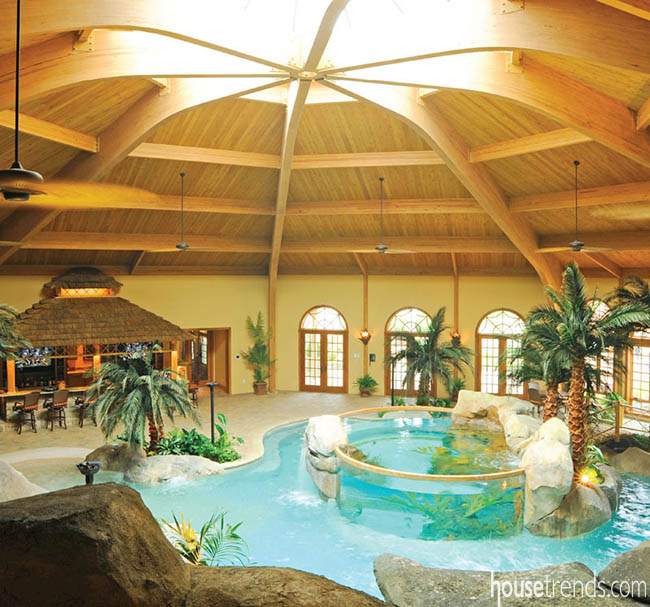 An indoor swimming pool is turned into an exotic locale