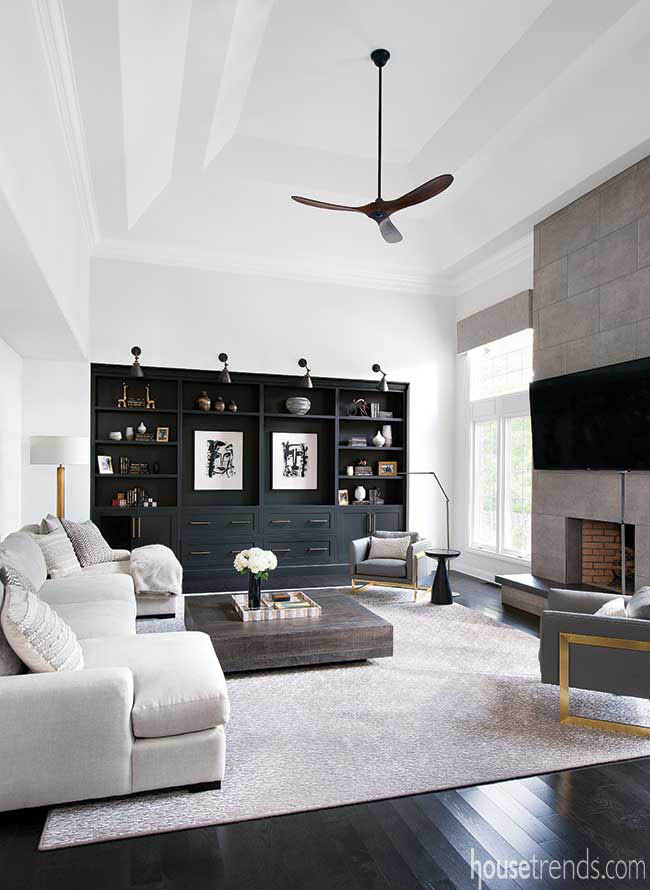 Great room fireplace stretches to the ceiling