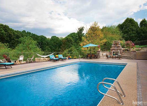 Swimming pool surrounded by various seating areas