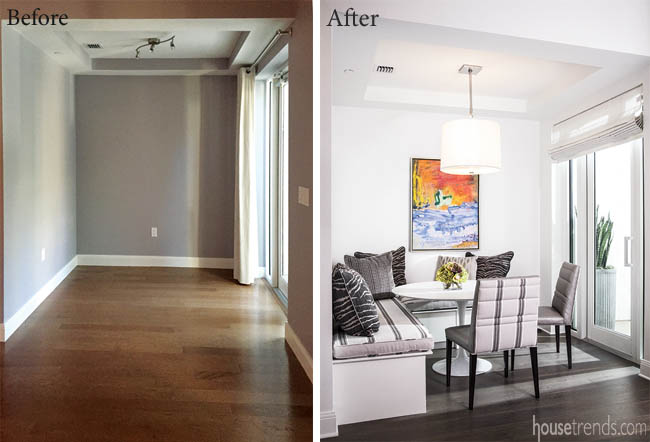 Cushioned bench seating in a breakfast nook