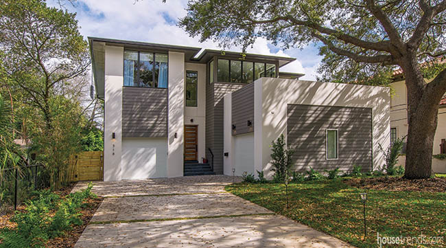 Neutral colors complement a modern façade