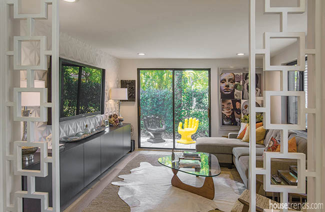 Accent wall adds texture to a media room