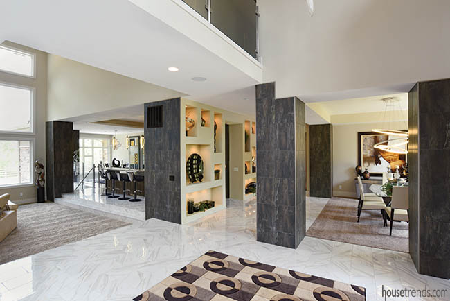 Porcelain tile dresses up support beams