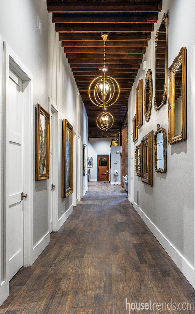 Orb lights brighten a hallway