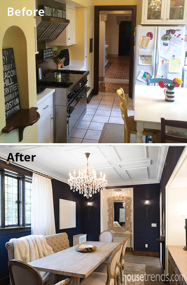 Chandelier glows over a remodeled dining space