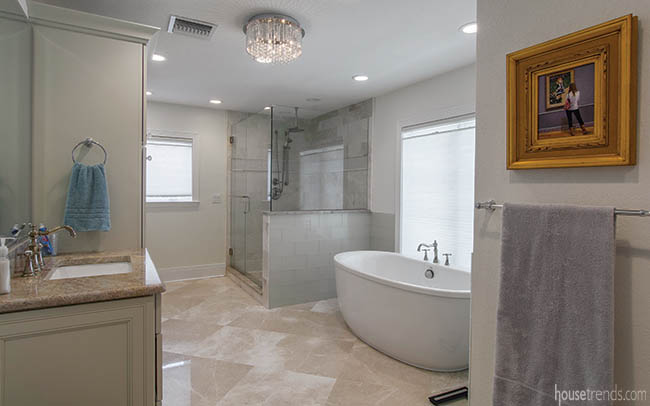 Soaking tub dominates a master bathroom