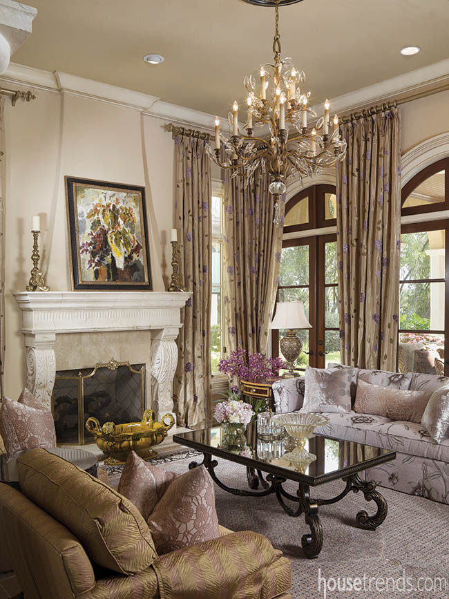 Limestone fireplace dresses up a formal living room