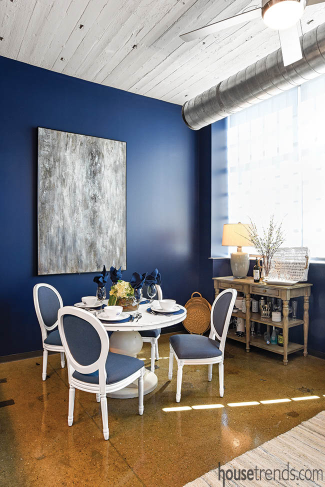 Blue dominates a dining room