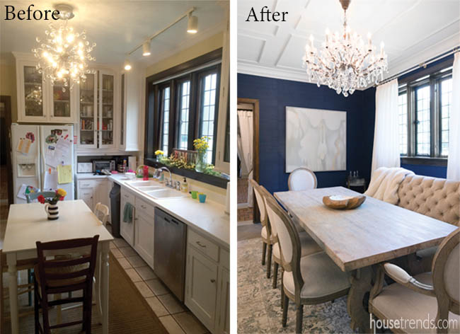Dining table dominates a remodeled space