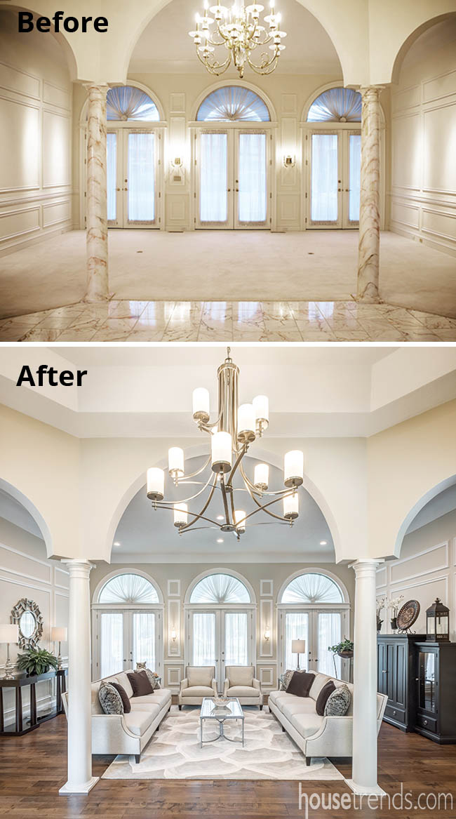 Pillars frame a formal living room