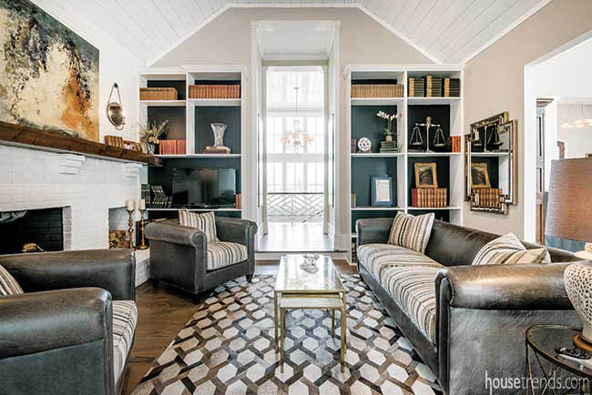 Brick fireplace in a den