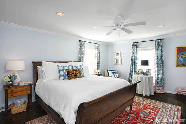 Soft blue walls in a master bedroom