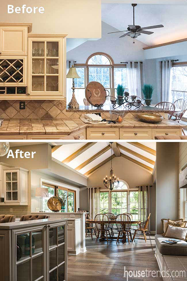 Ceiling beams top off a dining area