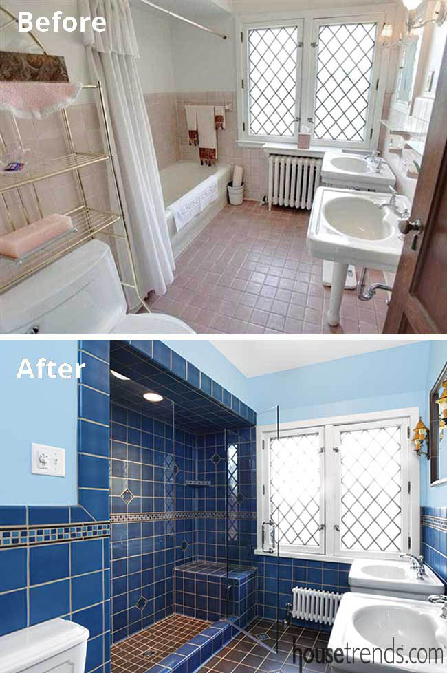 Blue tile dominates a boys' bathroom