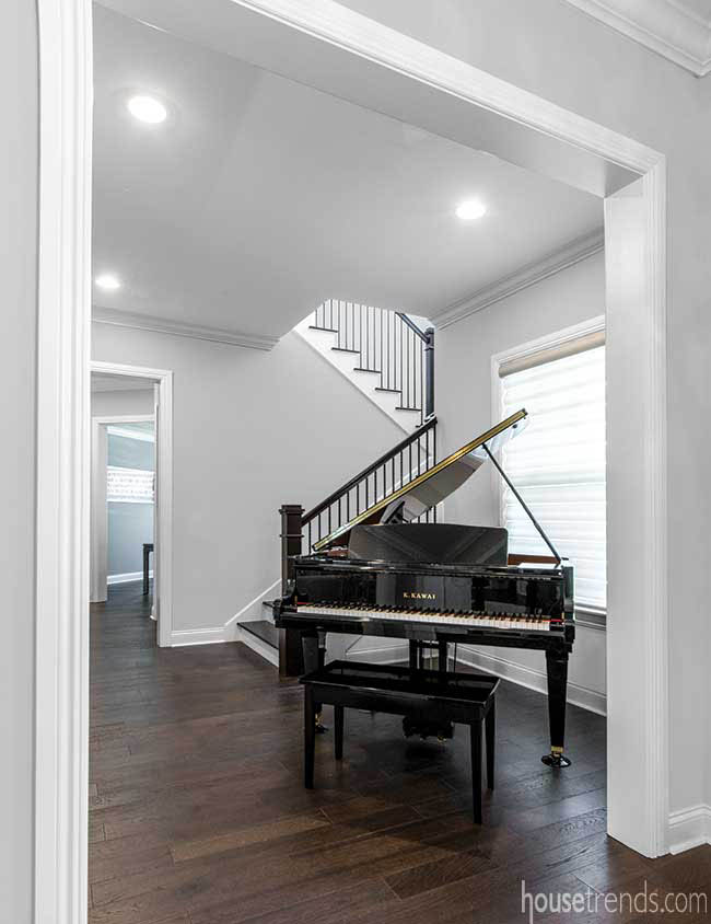 Grand piano dominates a foyer