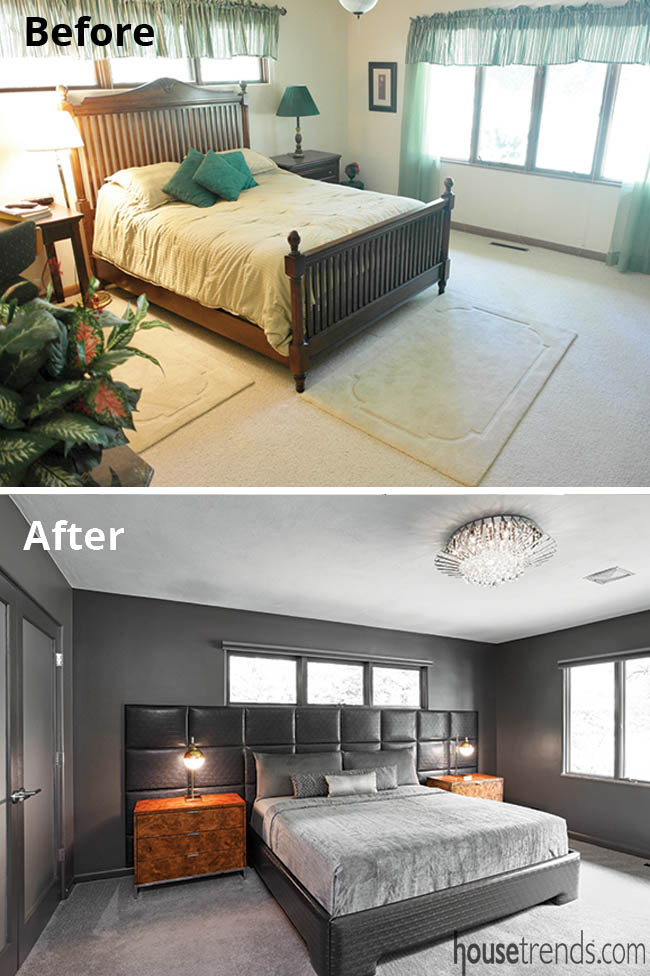 Master bedroom features a leather headboard