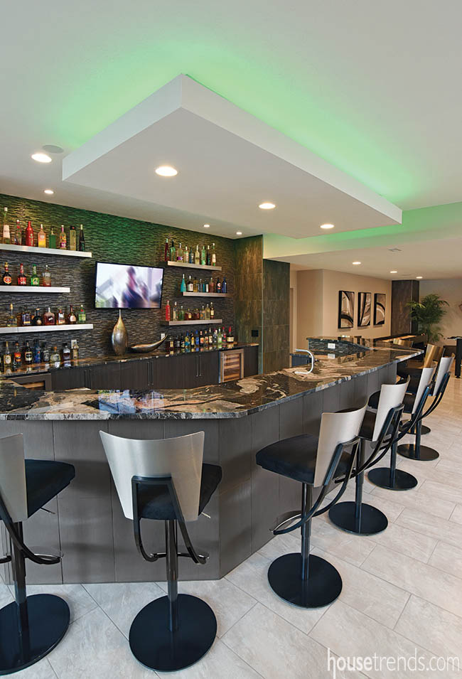 LED lighting adds fun color to a bar ceiling